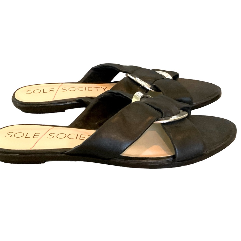 Sole Society Sandals Black and Silver Slides Flats Open Toes Comfy Size 9.5 - Picture 3 of 7